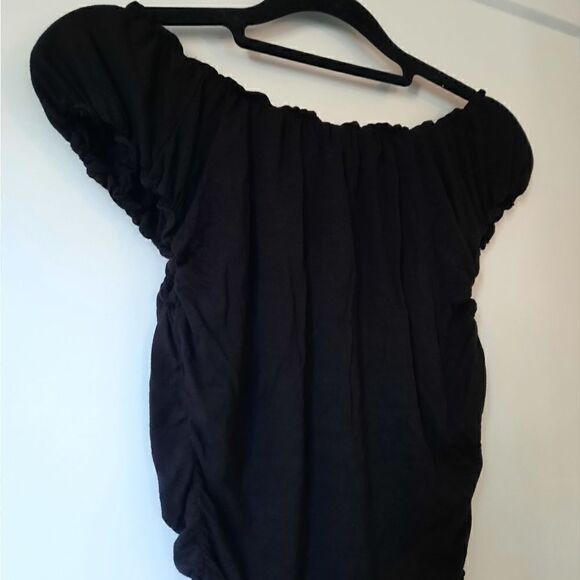 Max Studio Cap Sleeve Square Neck Ruched Ruffle Top Black - Picture 13 of 16